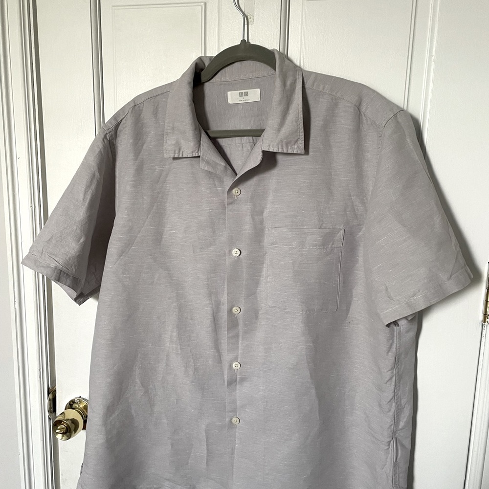 Grey Uniqlo Short Sleeve Camp Collar Shirt • Large • Linen Cotton